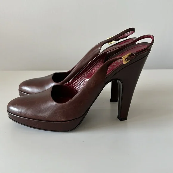 Prada Brown Leather Platform Slingback Heels - Picture 4 of 7